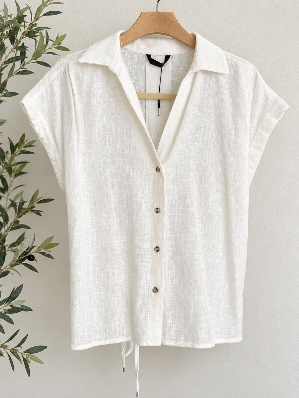 ZARA NWT White Linen Button Front Tie Back Top Blouse XS